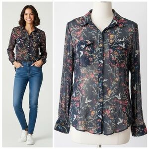 The Kooples Blue Bird Silk Blouse Navy Sheer Button Up Long Sleeve Top Size 2